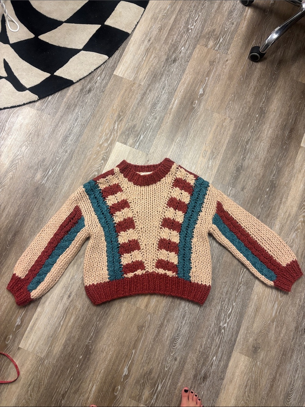 Colorblock Cable Knit Crewneck Sweater Cream Teal Rust chunky knitted sz small